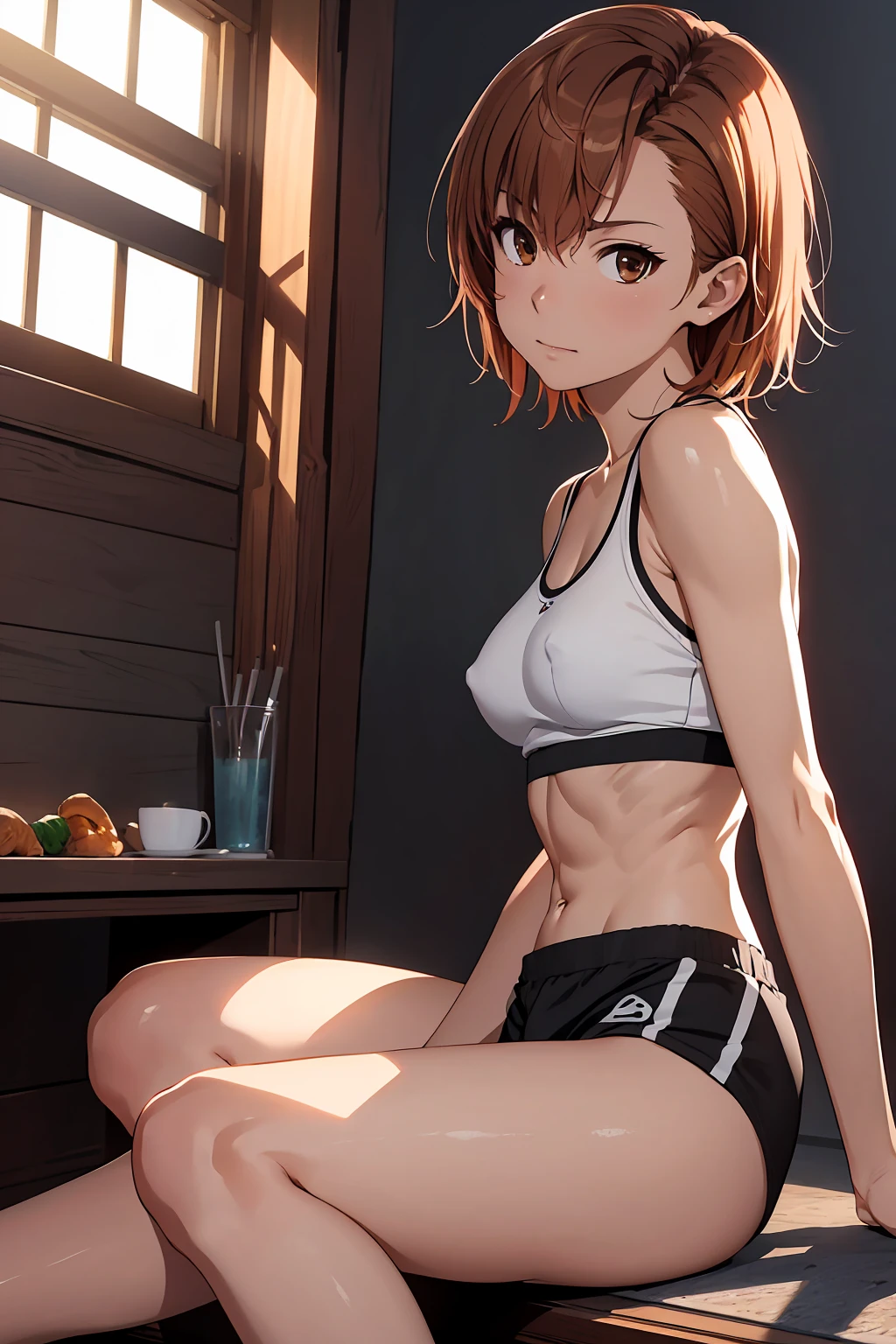 (Highest quality:1.5, High resolution, uhd, 4K, Detailed lighting, Shaders), NSFW Misaka Mikoto,short hair　Brown Hair　Brown eyes　Cool face　　Black shorts　Sports bra with a small area　Realistic sun rays　 Beautiful park　Beautiful Abs　Small breasts　