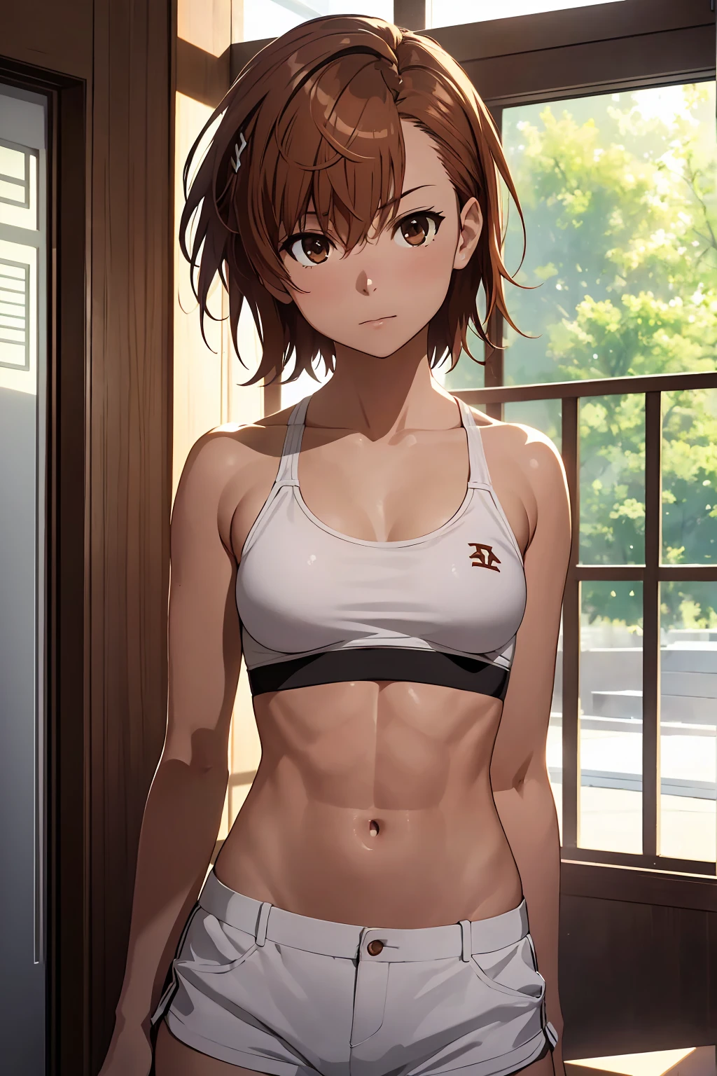 (Highest quality:1.5, High resolution, uhd, 4K, Detailed lighting, Shaders), NSFW Misaka Mikoto,short hair　Brown Hair　Brown eyes　Cool face　　Black shorts　Sports bra with a small area　Realistic sun rays　 Beautiful park　Beautiful Abs　Small breasts　