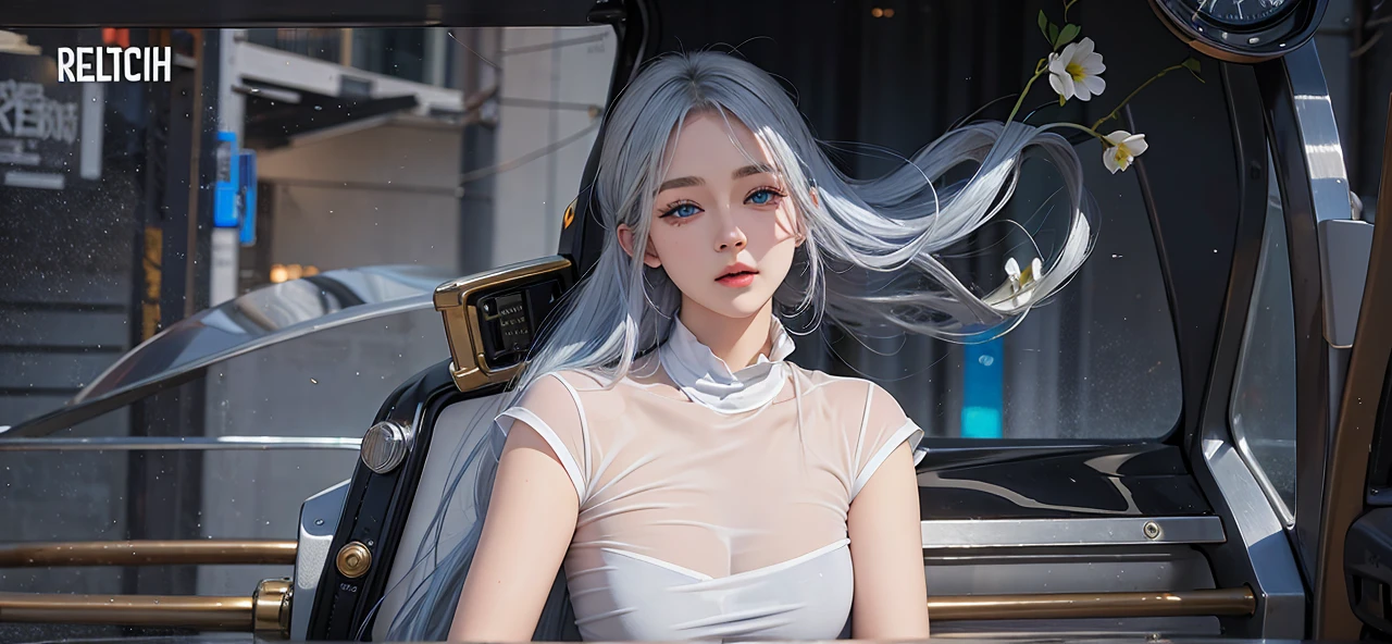 photorealistic, high resolution, masterpiece, blue eyes, silver hair, photorealistic, high resolution, soft light,1women, solo, shirt, street wear, skirt