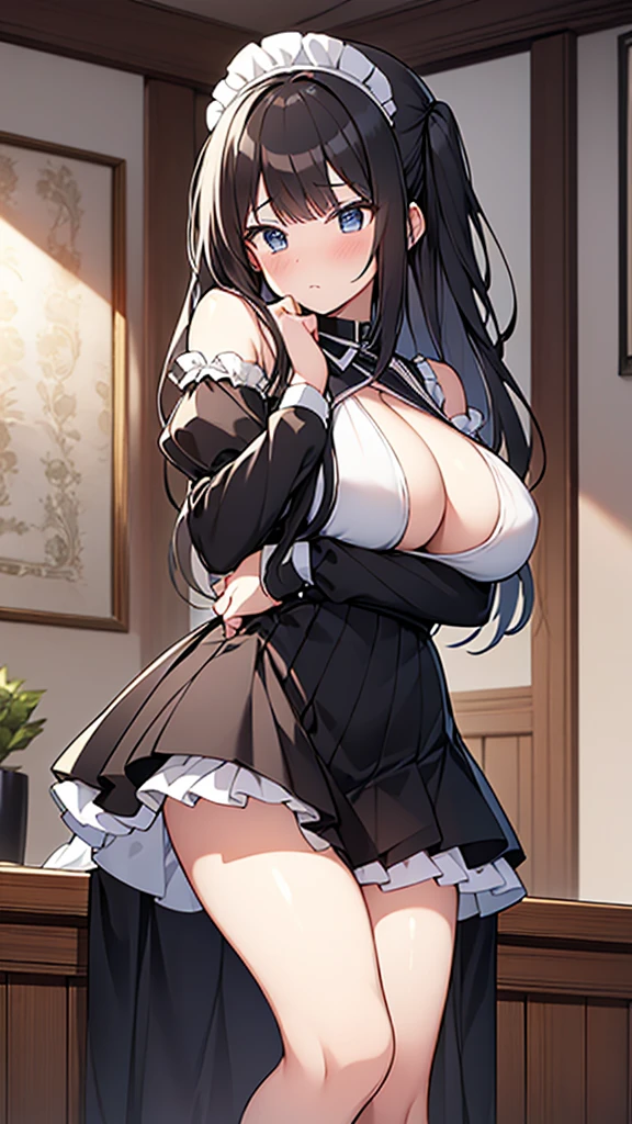 ((masterpiece)), (Highest quality、8K), (Simple style), 2人の女の子, Big Breasts, Swinging Big , Wearing a face stolen from someone else, No sleeve, Sleeveless, Off the shoulder, Black Dress, Pleated lace, Lace dress, White knee socks. whole body, Luxurious Room, {{The maid who stole the face of a guest}}, NSFW