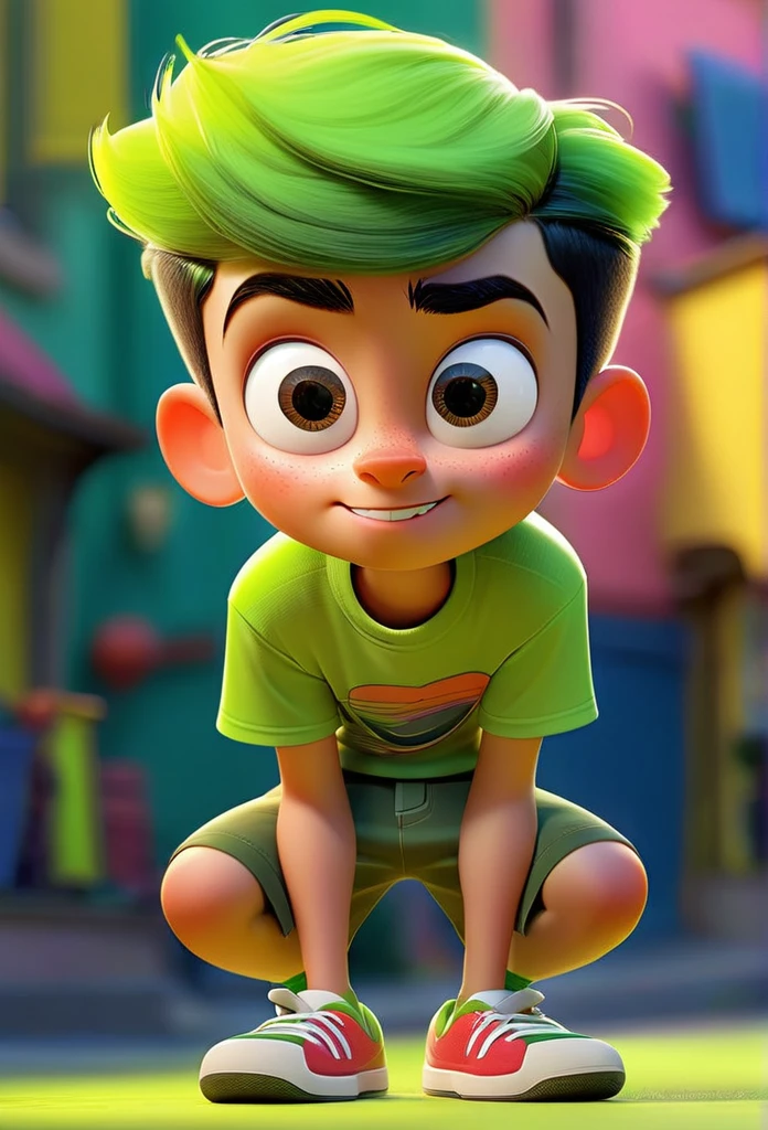 Funnily film character, disney pixar style , 3d, a boy representing fun, with short neon green hair, wearing light green t-shirt and dark green shorts, greeneyes, smilling face, light yellow skin, Vibrant and colorful background quality ek Creation