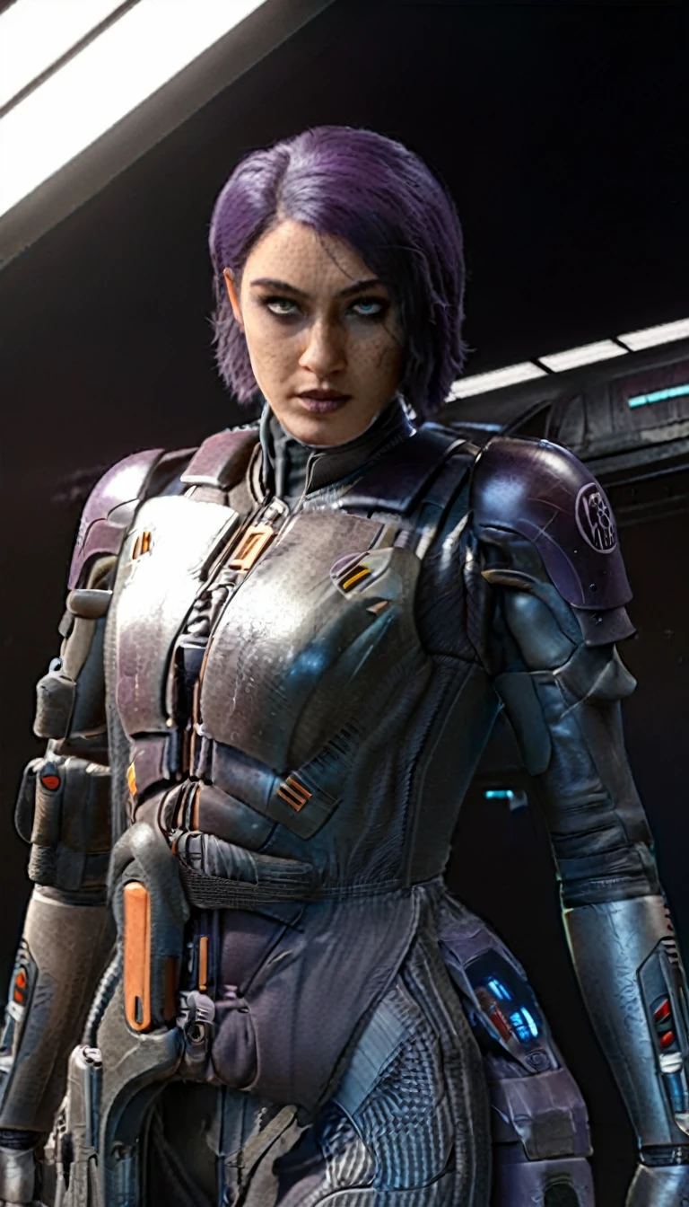 professional 3d model Cinematic scene, sabine wren, SILVER armor (HUGE BREASTS), Ghost in the Shell, detailed background, masterpiece, best quality, high quality, highres, absurdres . octane render, highly detailed, volumetric, dramatic lighting
