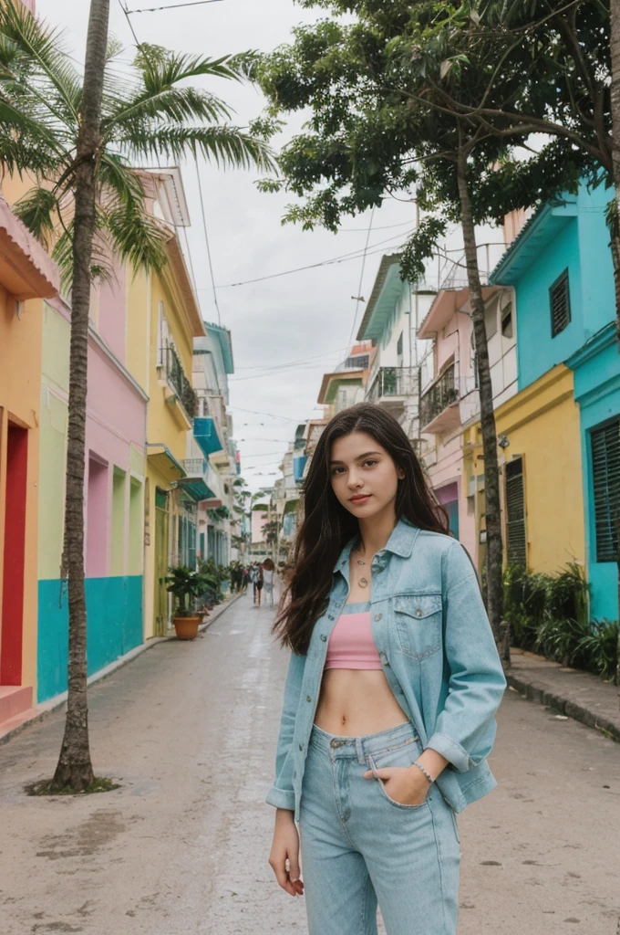 her name is Annie, high quality, 1girl, ((20-year-old fit Caucasian woman)), ((20 years old)), ((fit)) black long hair, pose: standing, wearing pastel colored unique g gen Z modern wear, BACKGROUND: From the colorful neighborhoods of Rio de Janeiro, with its iconic beaches, lush rainforests, and vibrant Carnival celebrations