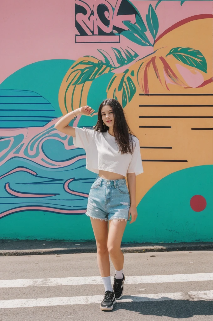 her name is Annie, high quality, 1girl, ((20-year-old fit Caucasian woman)), ((20 years old)), ((fit)) black long hair, pose: standing, wearing pastel colored unique g gen Z modern wear, BACKGROUND: From the colorful neighborhoods of Rio de Janeiro, with its iconic beaches, lush rainforests, and vibrant Carnival celebrations