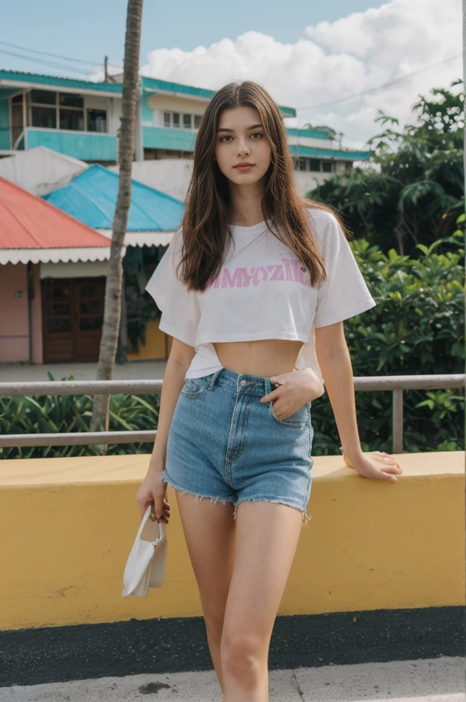 her name is Annie, high quality, 1girl, ((20-year-old fit Caucasian woman)), ((20 years old)), ((fit)) black long hair, pose: standing, wearing pastel colored unique g gen Z modern wear, BACKGROUND: From the colorful neighborhoods of Rio de Janeiro, with its iconic beaches, lush rainforests, and vibrant Carnival celebrations