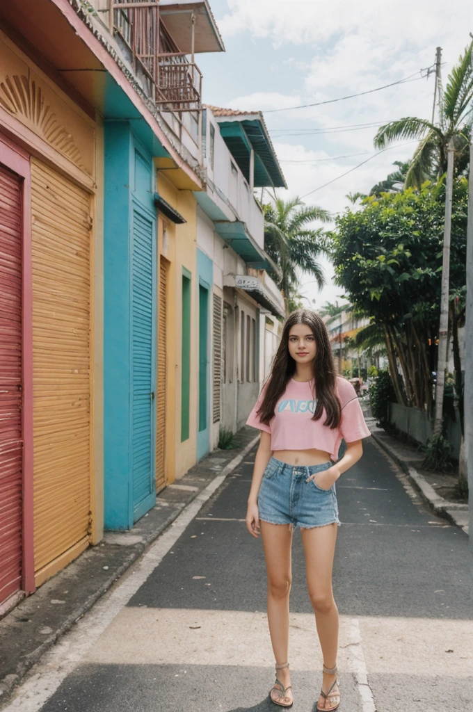 her name is Annie, high quality, 1girl, ((20-year-old fit Caucasian woman)), ((20 years old)), ((fit)) black long hair, pose: standing, wearing pastel colored unique g gen Z modern wear, BACKGROUND: From the colorful neighborhoods of Rio de Janeiro, with its iconic beaches, lush rainforests, and vibrant Carnival celebrations