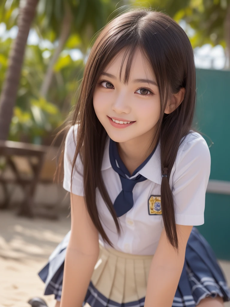 (2girl), kawaii, (round eyes:1.2), (highly detailed face and eyes), (big smile), Amazing face and eyes, (school uniform, pleated mini skirt:1.3), (Best Quality:1.4), (Ultra-detailed), (extremely detailed CG unified 8k wallpaper), Highly detailed, High-definition raw color photos, Professional Photography, Realistic portrait, summer, (beach), (fine face:1.2),