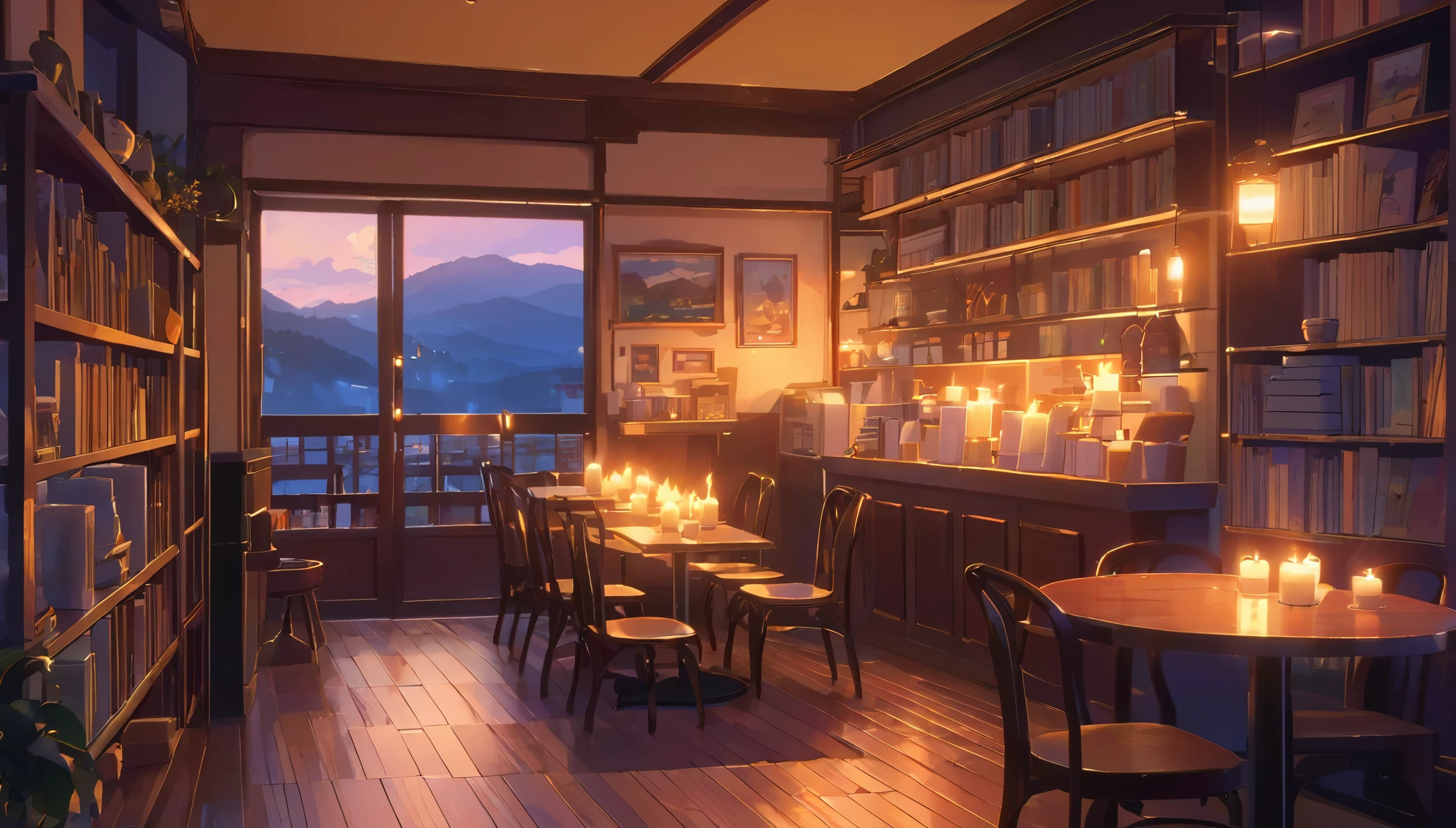 Produce a lo-fi aesthetic anime illustration of a cozy and empty cafe during twilight, with book shelves, some lit candles and a roaring fireplace in the background. The soft light of the candles should illuminate the details of the room.