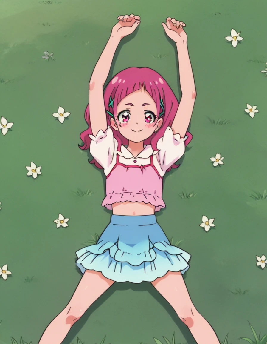 nono hana, pink eyes, pink hair, long hair, blunt bangs, hairclip, x hair ornament, layered shirt, pink shirt, short puffy sleeves, layered skirt, blue skirt, high quality, closed mouth, solo, lying, on back, on grass, arms up, spread arms, looking at viewer, best quality, medium full shot, sleeveless, closed mouth, blushing, full body, smile, spread legs, blush,