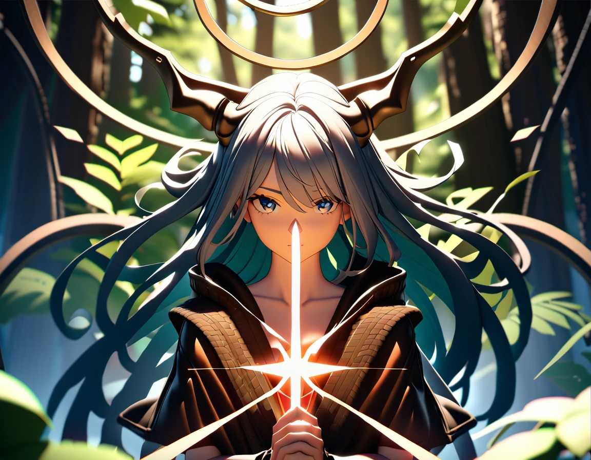 Highest quality,The perfect masterpiece,Perfect artwork,Official Works,8K,, (Upper Body Portrait:1.3),((Seen from the side:1.5)),close-up lens,Delicate face,, ,White-haired girl,(hakuhatsu:1.5),short and medium hair,((White transparent eyes:1.5)),(white dress:1.2),(Transparent clothing:1.2),(Black background:1.3),, pearl illusion,Cyberpunk,fashion trend,3s material,high-definition,detail representation,c4d,3D,octane rendering,ray tracing,complex details,animated lighting,OCrenderer, A stunningly beautiful and fierce woman and a companion run through a deep, ancient forest. They exude a rebellious aura, with their long, flowing hair and eyes that sparkle with defiance. Dressed in a blend of rugged leather and elegant fabrics, they appear both dangerous and alluring. In their hands, they grip finely crafted swords, symbols of their strength and skill. The forest around them is dense and mysterious, with mist swirling between ancient trees, suggesting an epic journey. The lighting filters through the dense foliage, casting dramatic shadows that add to the mystery and intensity of the scene. The overall mood is one of adventure, romance, and a hint of danger.