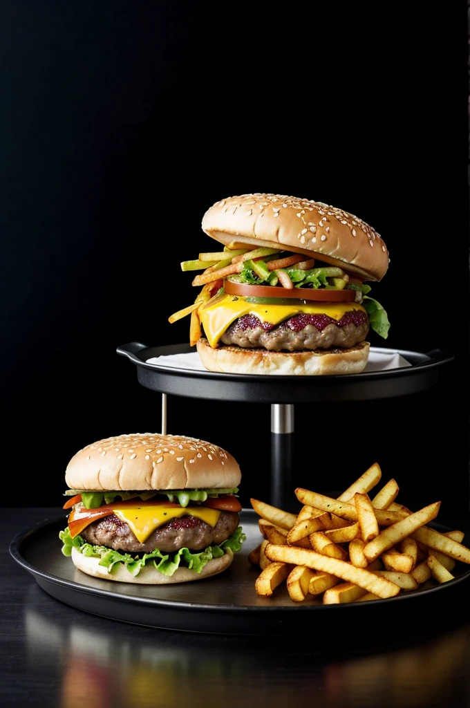 A hamburger and fries are on a tray with a black background.
