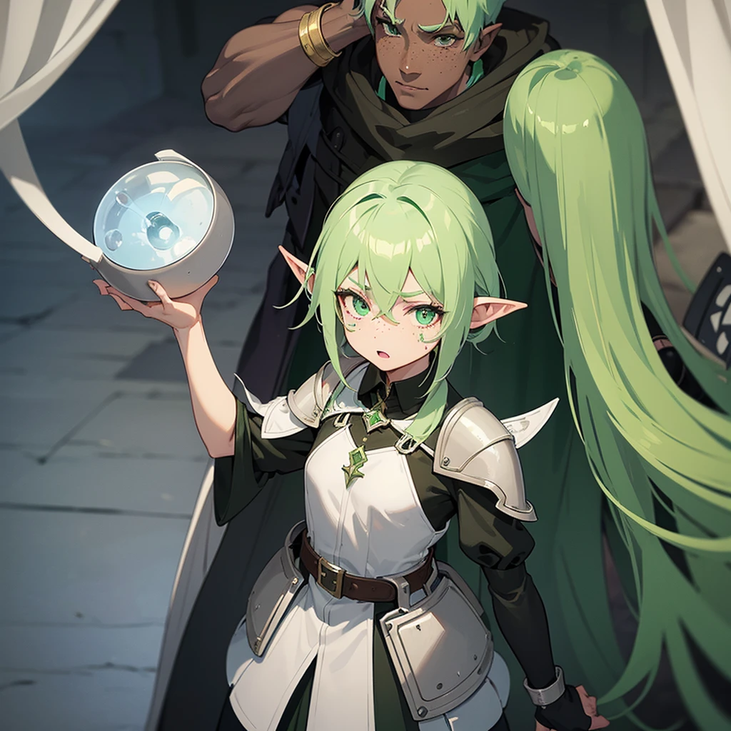 Cute young dark elf girl with a light gray skin tone, light green hair and dark green eyes. Has freckles on his face, height 160, carries a small shield in his right hand. Is an excellent doctor, understand poisons and medicines.
