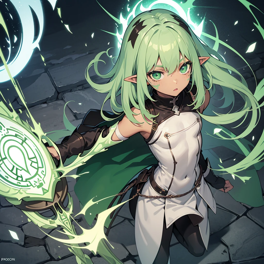 Cute young dark elf girl with a light gray skin tone, light green hair and dark green eyes. Has freckles on his face, height 160, carries a small shield in his right hand. Is an excellent doctor, understand poisons and medicines.