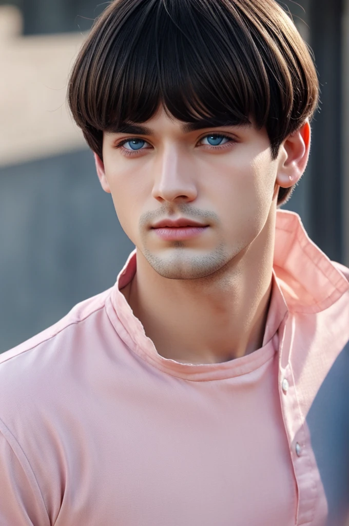 Create a man with slanted eyes, pale skin, blue eyes, corte bowl cut, pink lips