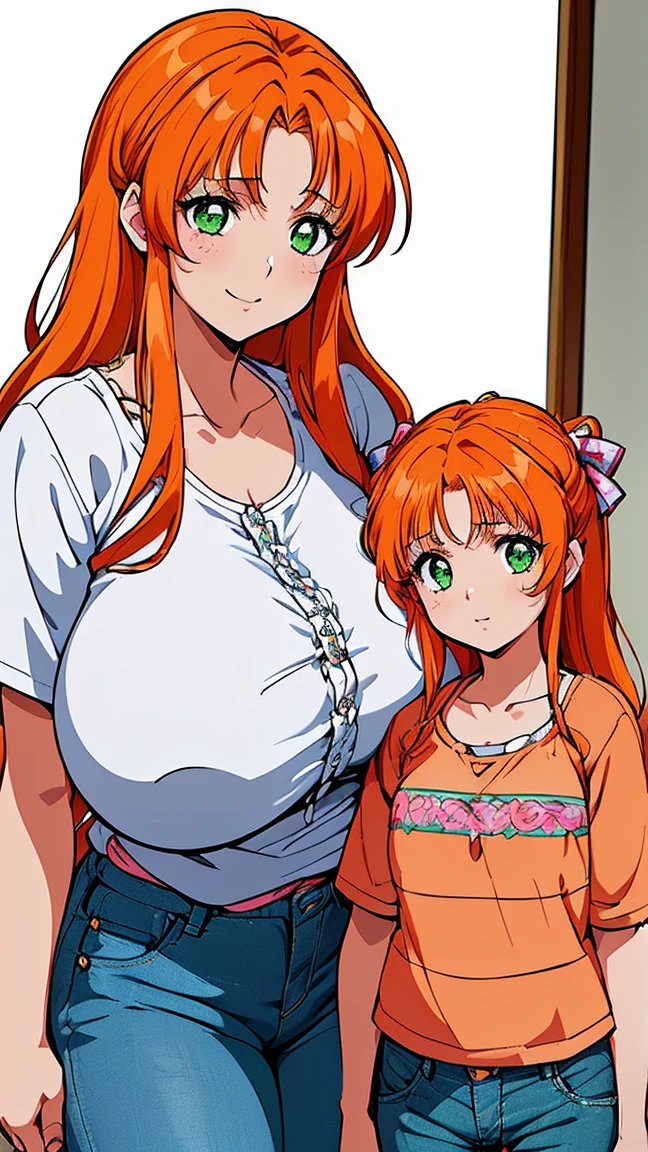 1woman,2***********s,(holding ***********:1.4),portrait、perfect quality, good quality, masterpiece, HDR, uhd,(fukawa_Miku, green eyes, orange hair, long hair,hair down,aged up,mature female:1.4),((gigantic breasts:1.3)),house,、(Casual wear、shirt、Jeans I:1.4)、sunny day、smile,(cowboy shot)