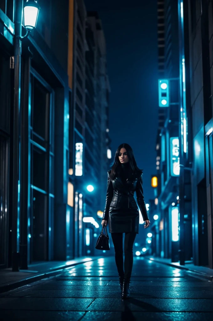 Woman dressed in black walking in a futuristic city at night