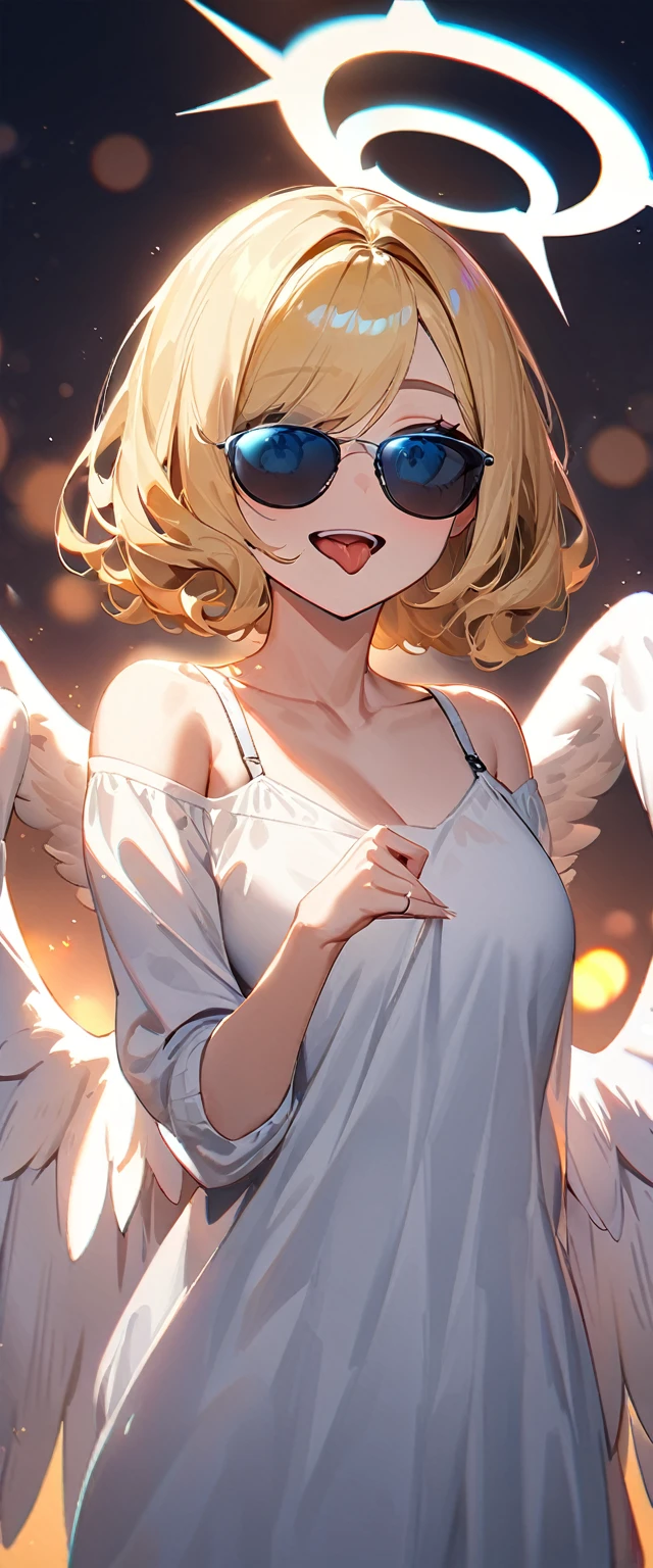 (((One girl))), ((sunglasses, hand to sunglasses)), ((angel, big big white wings:1.2, halo:1.3)), Uriel, ((wavy hair, outward curled hair)), evening, Sunset, open mouth, ((stick out tongue)), ((blond hair, bob cut:1.3)), big breasts, ager, (looking at viewer), oversized clothes, puffy long sleeves, collarbone, ((off-shoulder sweater dress:1.3, Quite thick shoulder straps)), (((sleeves past wrists:1.3))), ((white sweater)), collarbone, head tilt:1.3, (((blue eye))), ((happy smile)), (((anime style))), (best quality, 4K, 8K, highres, masterpiece:1.2, ultra-detailed, ultra-detailed eyes, HDR, uhd, studio lighting, ultra-fine painting, sharp focus, physically-based rendering, extreme detail description, professional, vivid colors, bokeh), ((Highest quality, Best image quality, Ultra-high resolution, Ultra-high resolution, solo, Strong eye highlights)), Depth of written boundary, Natural soft light, attractive, Beautiful Face, Cleanliness, Pure Face, medium chest, Beautiful Face, Perfect Fingers, Perfect hands, Perfect body, Perfect Face, Shine a light into your eyes, Perfect Anatomy