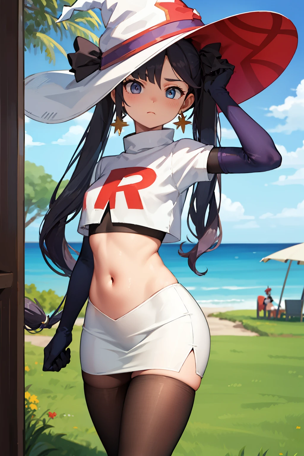 ((masterpiece,best quality)), team rocket,team rocket uniform, red letter R, white skirt,white crop top,black thigh-highs,black elbow gloves zettai ryouiki, aamona, long hair, twintails, hair ornament, black ribbon, earrings, witch hat, purple headwear, cowboy shot,