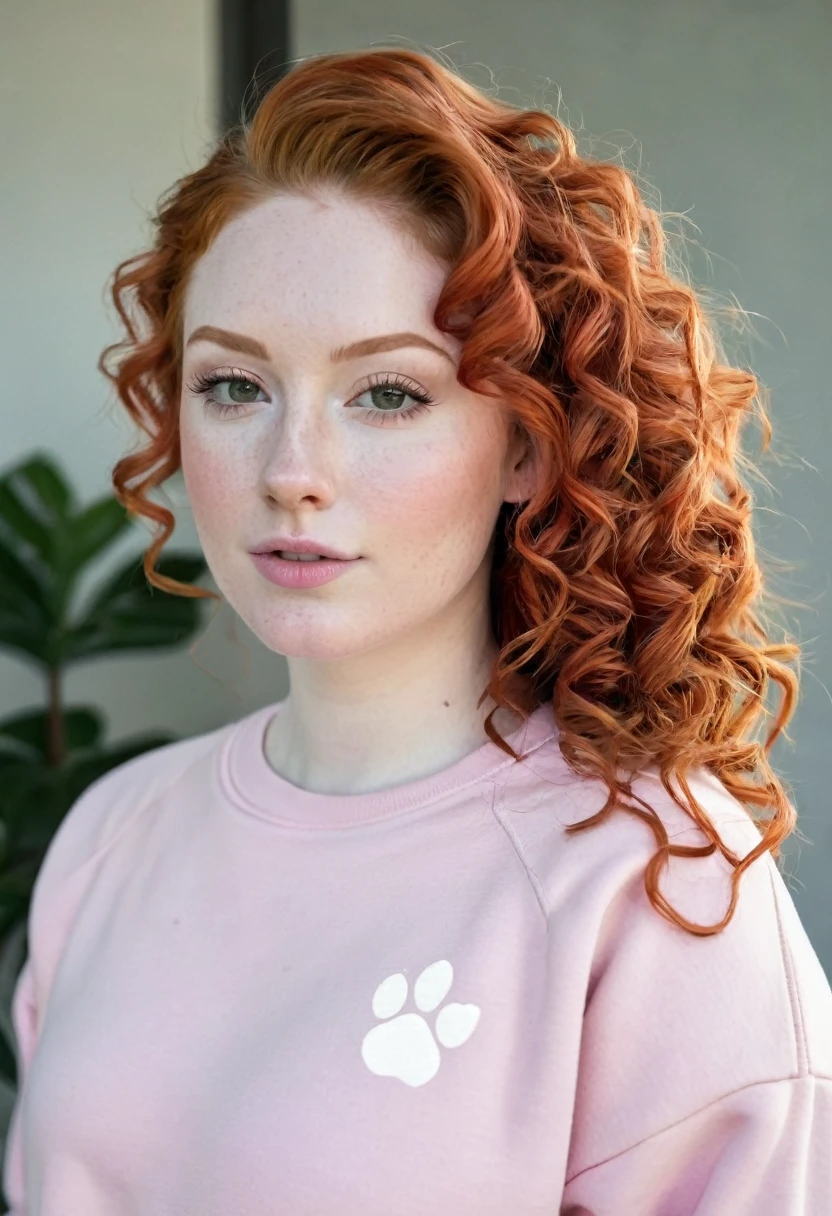 woman, redhead hair, curly hair, with sweatshirt pink, pale skin, white skin, pawg