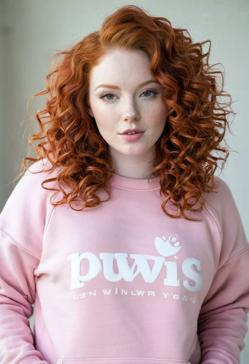 Teen, pawg, redhead hair, curly hair, with sweatshirt