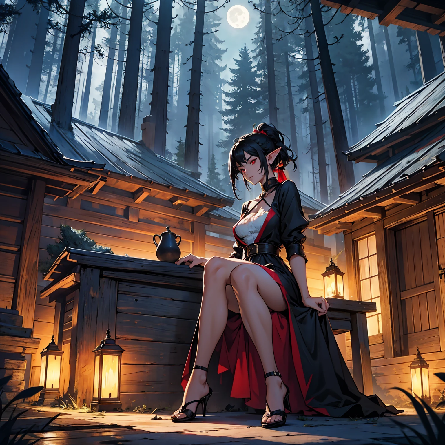 1girl, elf, short ponytail hair, black hair, big breasts, long pointed ears, red eyes (BLUE SKIN) sexy little dress, deep neckline, full body, night, Sitting in an old wooden house, moon in windows, dark forest, very sexy body, detailed clothing, detailed face, highly detailed, 8k, best quality, masterpiece, vibrant colors, digital art, concept art