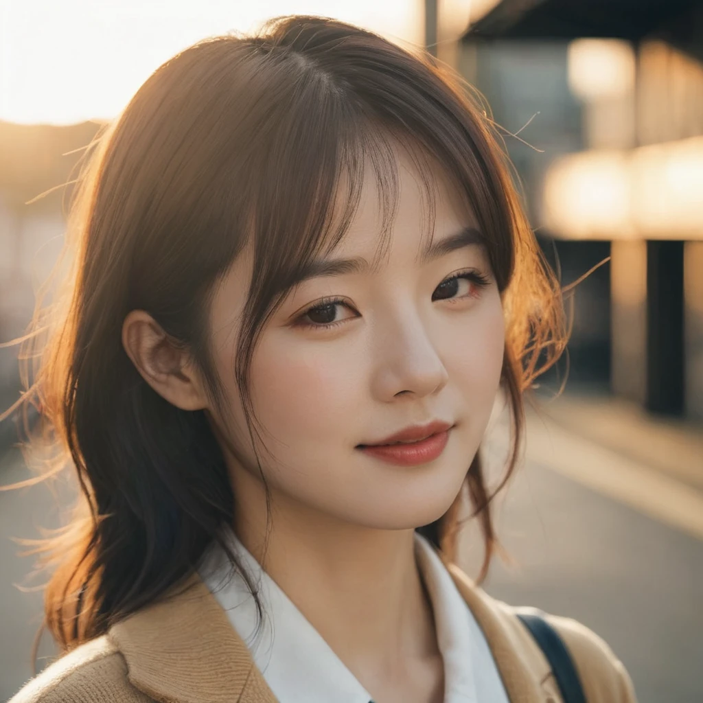 Closed lips, Cute Smile, moviephotograph (art:Matthias Goeritz:0.9) , photograph, From the side, The most beautiful British-Japanese women, Random representation,The Sunset Sun, cloud, Tilt Shift, H, Mirror reflection illumination, movie grain, Samsung Galaxy, debt/5, (movieの静止画:1.2), freckles . 35mm photograph, movie, Bokeh, Professional, 4K, Very detailed ,1 Girl,The middle of a journey,Yuzu, perfection, refer to, ,Very realistic