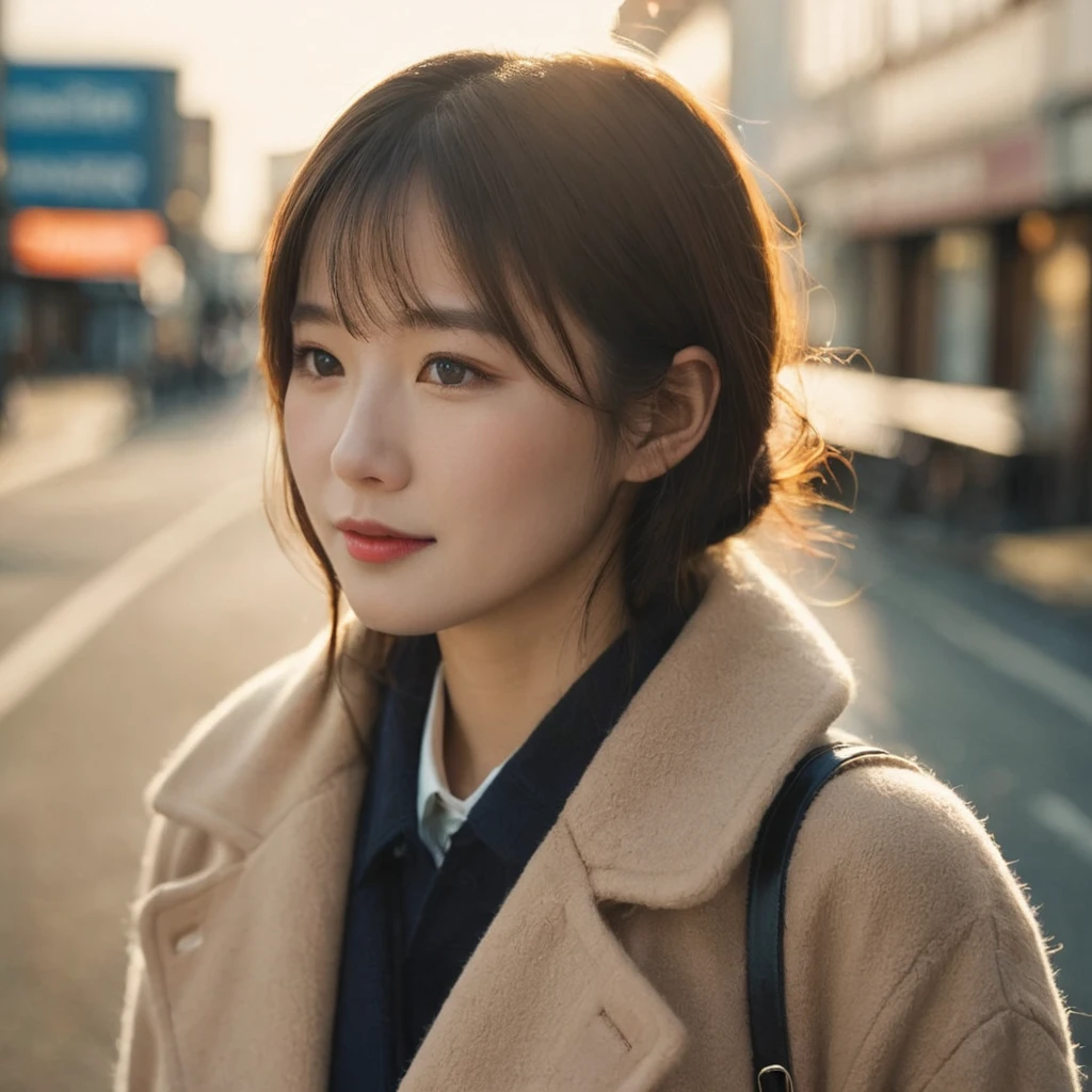 Closed lips, Cute Smile, moviephotograph (art:Matthias Goeritz:0.9) , photograph, From the side, The most beautiful British-Japanese women, Random representation,The Sunset Sun, cloud, Tilt Shift, H, Mirror reflection illumination, movie grain, Samsung Galaxy, debt/5, (movieの静止画:1.2), freckles . 35mm photograph, movie, Bokeh, Professional, 4K, Very detailed ,1 Girl,The middle of a journey,Yuzu, perfection, refer to, ,Very realistic