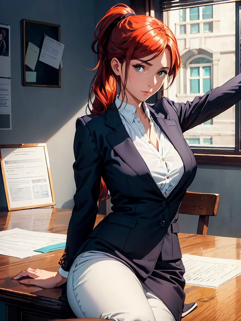 Realistic-style image with ultra-detailed 8K quality and soft lighting effects. | A beautiful and elegant woman of apparently 29 years of age is standing in her office, wearing unfitted black dress pants, a simple white t-shirt and a bright orange blazer. Her red hair is tied in a high ponytail., revealing her defined eyebrows and captivating red eyes. Her medium waist and medium breasts are highlighted by the simple outfit, yet elegant, what she wears. The woman looks directly at the viewer with a confident and determined expression, conveying a feeling of strength and competence. The table behind her is full of documents, indicating that she is a dedicated and hard-working professional. The office is lit by soft light, creating subtle shadows on the wall behind her. Between the elements of the scene, documents stand out on the table, that suggest the busy and demanding nature of women's work. The contrast between the light and dark colors of the woman's clothing and accessories creates an interesting visual effect., enhancing its unique beauty and style. The camera is positioned at a medium angle, creating a balanced perspective and emphasizing the woman's confident pose. The lighting effect is used to create a professional and welcoming environment, with the soft light illuminating the scene evenly and creating subtle shadows on the wall behind the woman. The image conveys a feeling of certain, confidence and elegance, as if the woman was at the peak of her career and ready to face any challenge.
| (((((The image reveals her in a full-body_shot, striking a confident_pose, leaning enticingly on a structure within the scene. She assumes a relaxed_pose as she interacts, leaning on the structure in the scene, reclining gracefully to add an extra allure to the image))))). | ((perfect_body)), ((perfect_pose)), ((full-body_shot)), ((perfect_fingers, better_hands, perfect_hands)),
