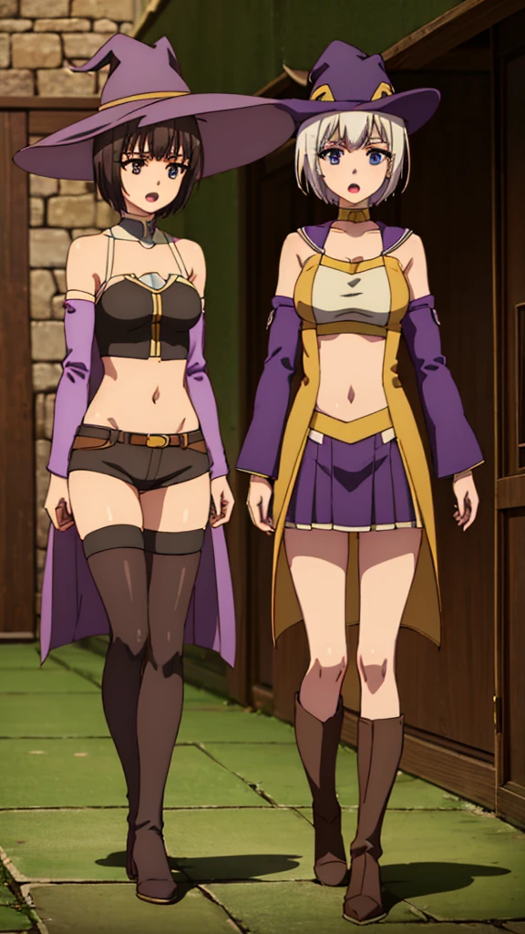 masterpiece, best quality, highres, large breasts, yellow top, bare shoulders, detached sleeves, short hair, brown hair, yellow eyes, navel, black shorts shorts, tall leather boots, purple witch hat, purple robe, choker, blue eyes, short hair, white hair, skirt, purple boots, happy, open mouth, cowboy shot, Forrest