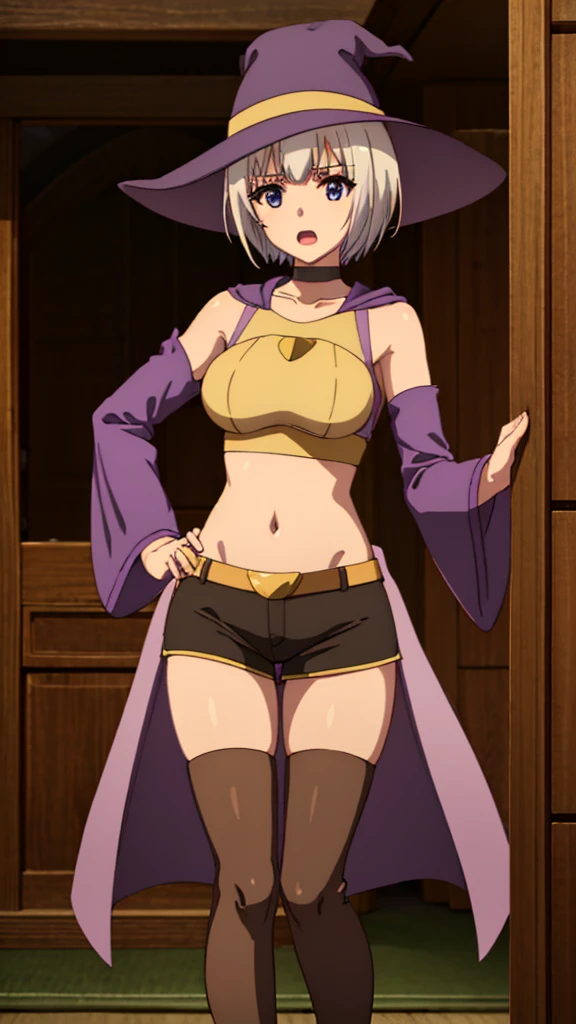masterpiece, best quality, highres, large breasts, yellow top, bare shoulders, detached sleeves, short hair, brown hair, yellow eyes, navel, black shorts shorts, tall leather boots, purple witch hat, purple robe, choker, blue eyes, short hair, white hair, skirt, purple boots, happy, open mouth, cowboy shot, Forrest