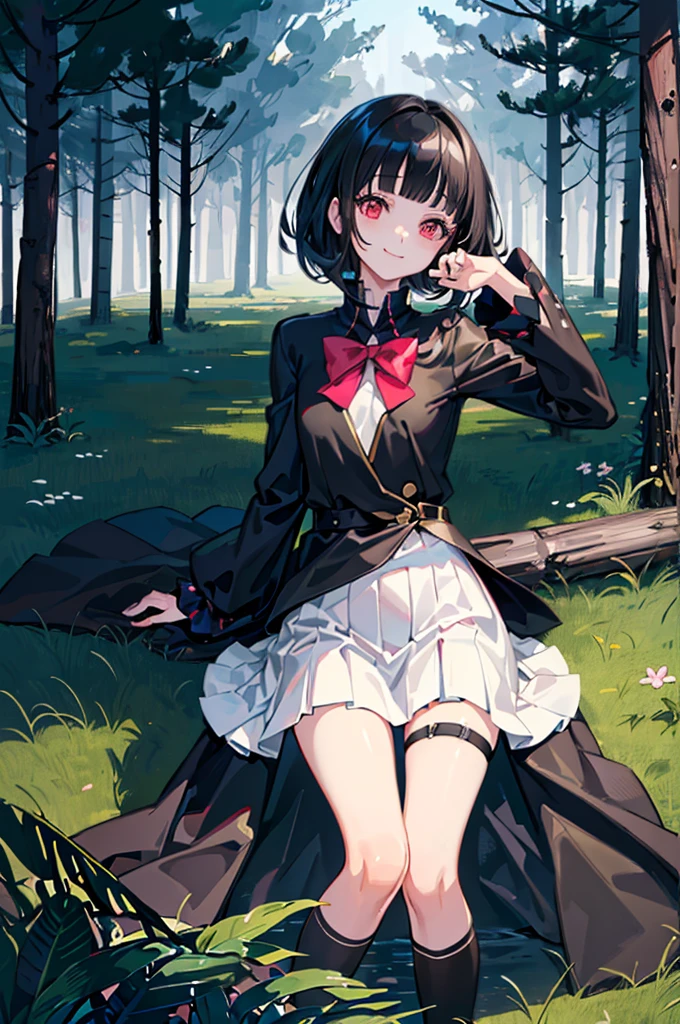 ((forest background)),original,(illustration:1.1),(best quality),(masterpiece:1.1),(extremely detailed CG unity 8k wallpaper:1.1), (colorful:0.9),(mid shot:0.95),(highly detailed beautiful face and body),(solo:1.2), (girl),(loli), (detailed beautiful eyes:1.15), (beautiful face:1.15), (glowing red eyes:1.25////),((jewel-like eyes)),(petite),(cute girl),(((black medium hair))),pink inner color,((blunt bangs,)),(+perfect hand+:1.21),(Religious),(slender),(black clothes),small breasts,miniskirt,slim body,(smile),fashion,tokyo,harajuku,(black school uniform),deep forest background,
