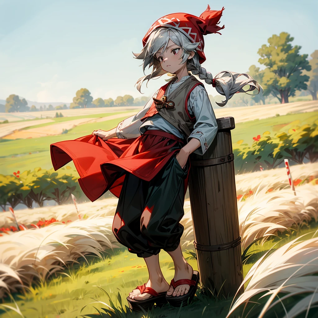 1little boy, Full body version, 1character, black eyes color, milk skin, long hairstyle, monolod eyes type, silver colour hair, Farmer villager clothing style, red color clothing, black pants, white scraf, Ancient roman sandals, vest, green Beanie, Grassroots background in field villager, motion blur