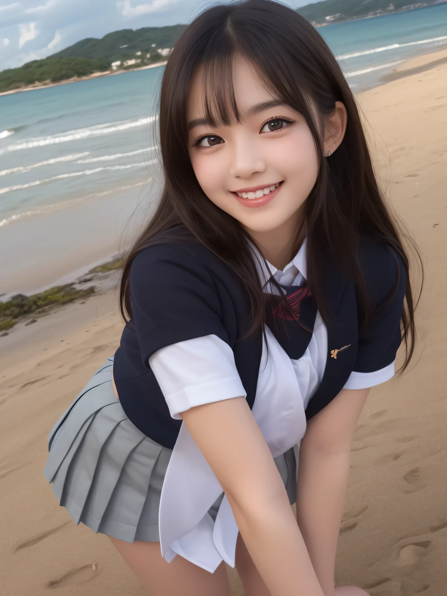 (2girl), kawaii, (round eyes:1.2), (highly detailed face and eyes), (big smile), Amazing face and eyes, (school uniform, pleated mini skirt:1.3), (Best Quality:1.4), (Ultra-detailed), (extremely detailed CG unified 8k wallpaper), Highly detailed, High-definition raw color photos, Professional Photography, Realistic portrait, summer, (beach), (fine face:1.2),