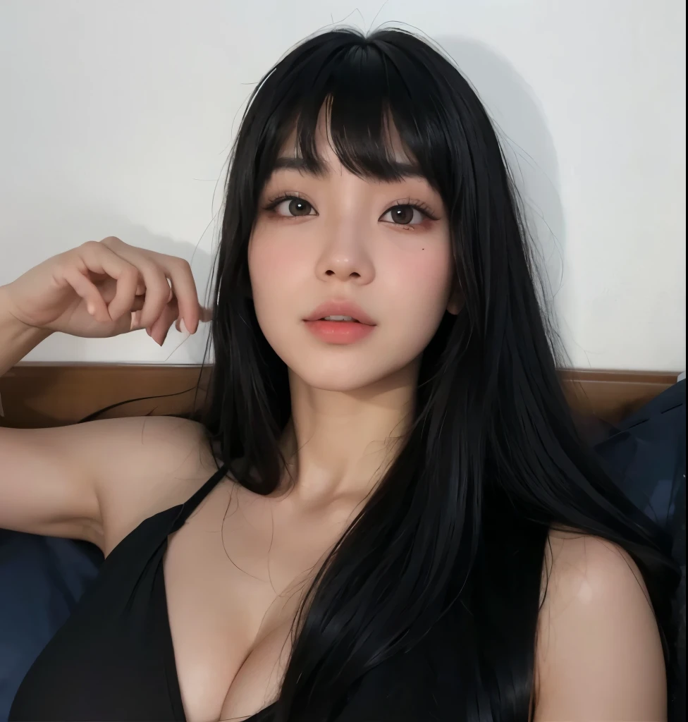An oriental woman with long black hair , use bangs