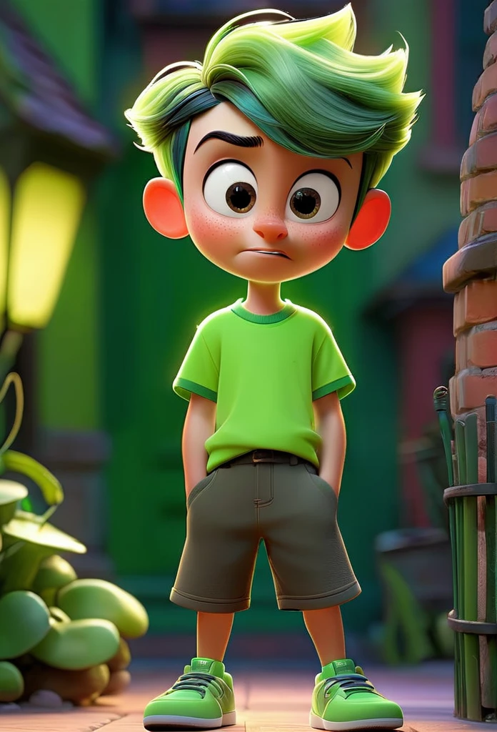 Funnily film character, disney pixar style , 3d, a boy representing emotion fun, with short neon green hair, wearing light green t-shirt and dark green shorts, greeneyes, smilling face, Light green skin, Vibrant and colorful background quality ek Creation