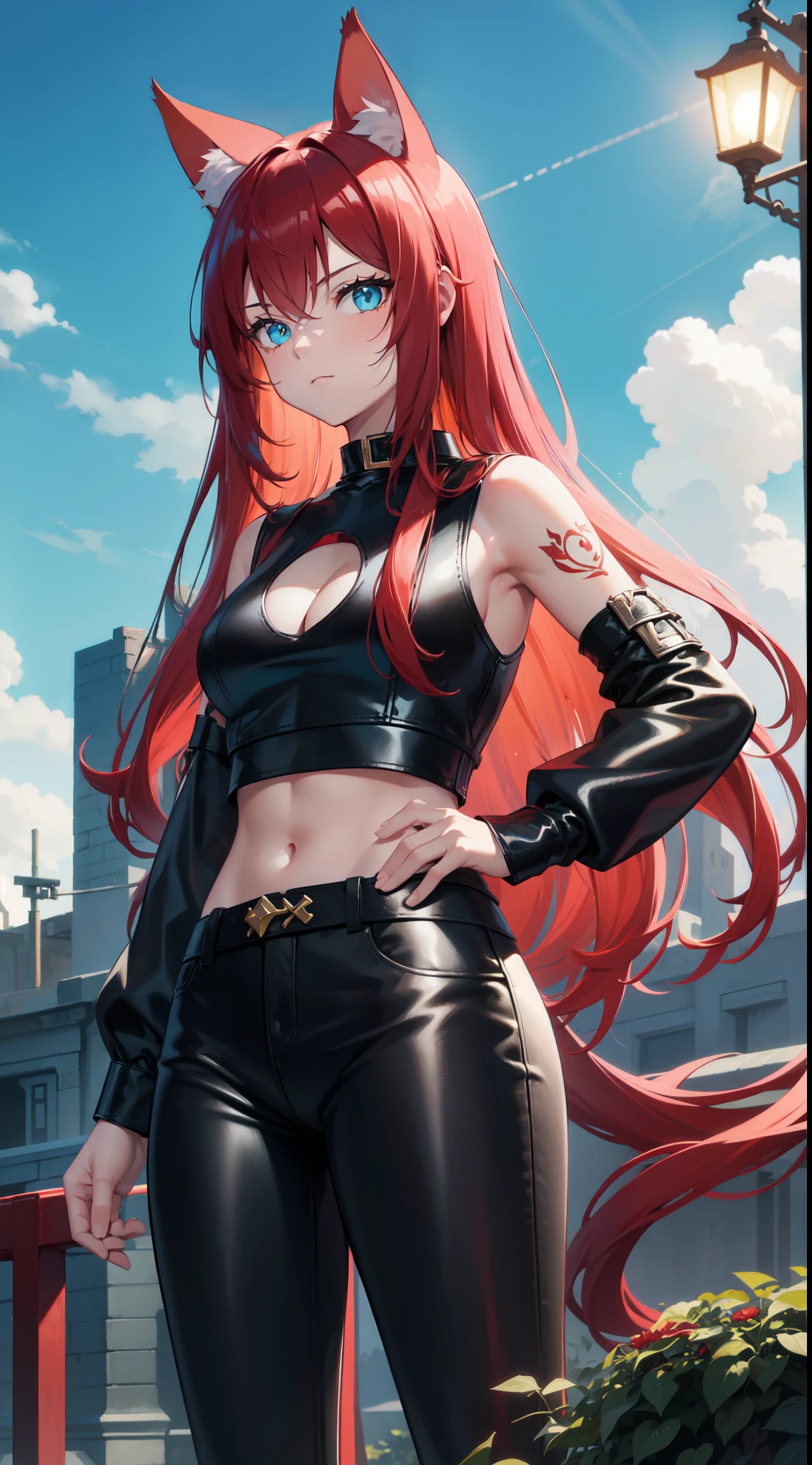 young girl, Long red hair, Cyan eyes, Cat's ears, Black leather t-shirt, Sleeveless, Outdoor Hivot, Tatoo, neckline on the chest, breeches, Masterpiece, hiquality