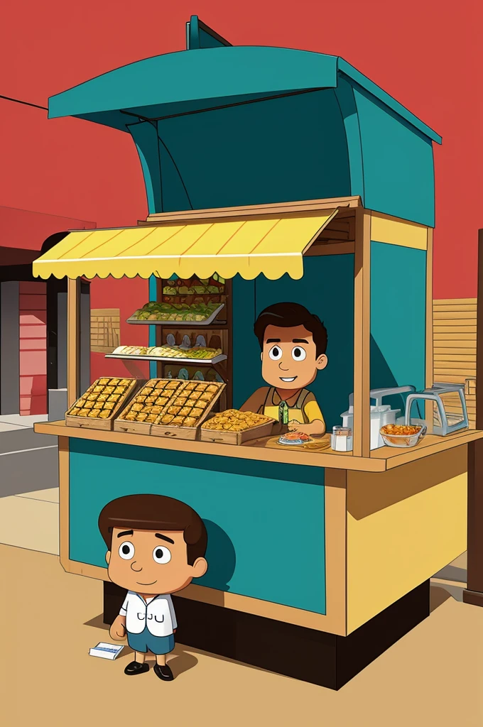 Seller at empanada stand sad cartoon format