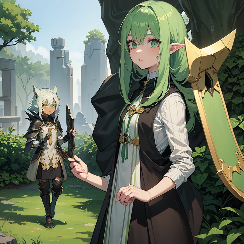 Cute young dark elf girl with gray skin tone, light green hair and dark green eyes. Has freckles on his face, height 160, carries a small shield in his right hand. Is an excellent doctor, understand poisons and medicines. 