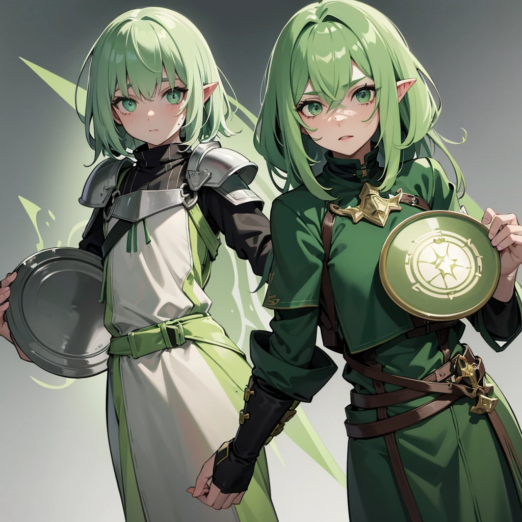 Create two goblin sisters, one that looks older and stronger and another that looks tender and weak, green skin, Long ears, and dirty clothes