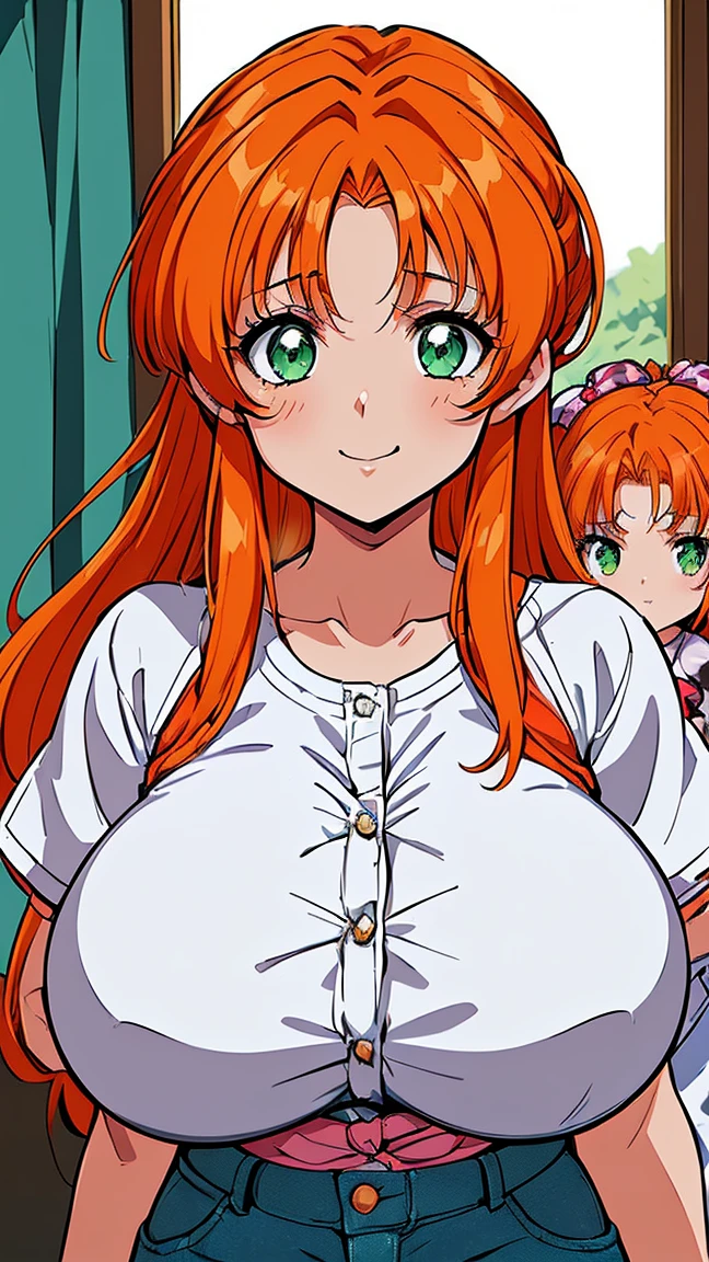 1woman,2little girls,(holding girl:1.4),portrait、perfect quality, good quality, masterpiece, HDR, uhd,(fukawa_Miku, green eyes, orange hair, long hair,hair down,aged up,mature female:1.4),((gigantic breasts:1.3)),house,、(Casual wear、shirt、Jeans I:1.4)、sunny day、smile,(cowboy shot)