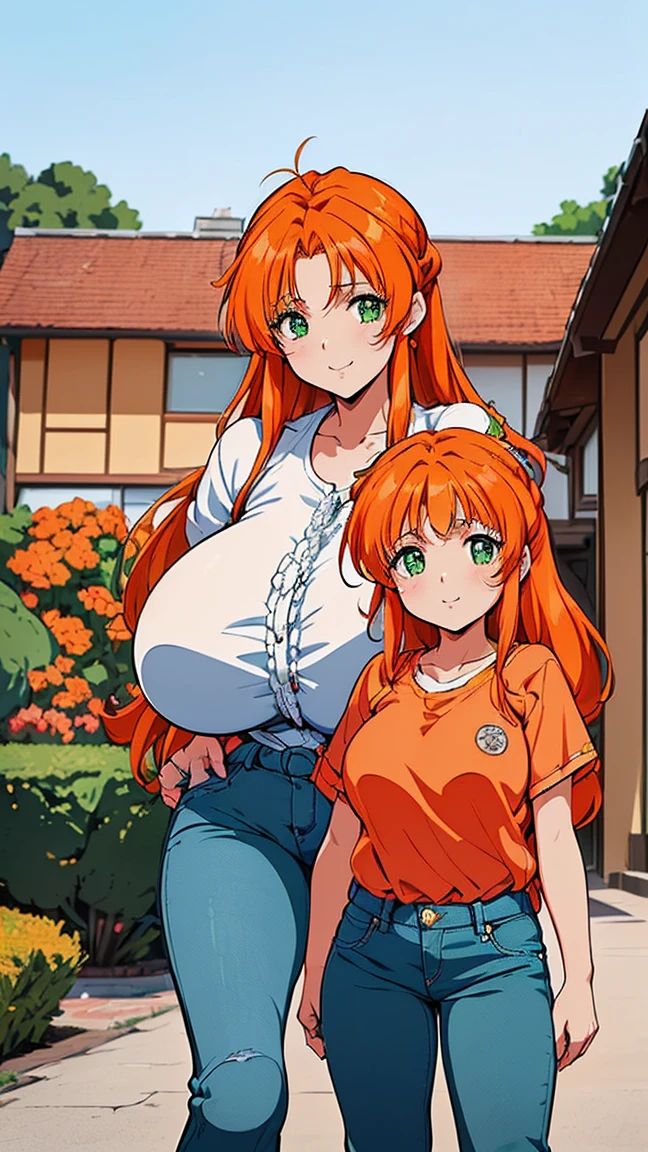 1woman,2little girls,(holding little girl:1.4),portrait、perfect quality, good quality, masterpiece, HDR, uhd,(fukawa_Miku, green eyes, orange hair, long hair,hair down,aged up,mature female:1.4),((gigantic breasts:1.3)),house,、(Casual wear、shirt、Jeans I:1.4)、sunny day、smile,(cowboy shot)
