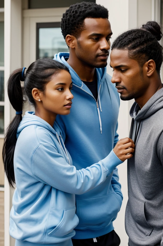 Beautiful black-haired woman with ponytail arresting a brown-skinned man in a light blue and white hoodie