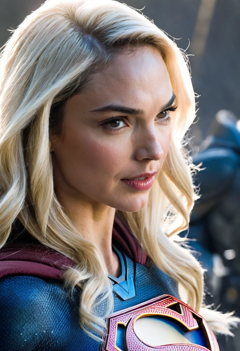 (((Extreme close-up Gal Gadot under the mantle of the Kryptonian Kara Zor-The alias Supergirl (((blond hair Largo))), Splash color images))),(((blond hair))),(((abundant hair)))
