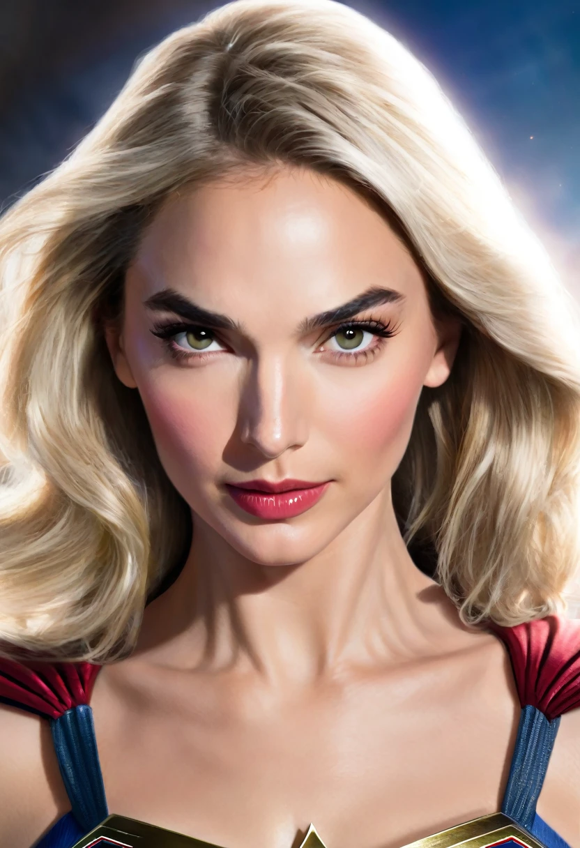 (((Extreme close-up Gal Gadot under the mantle of the Kryptonian Kara Zor-The alias Supergirl (((blond hair Largo))), Splash color images))),(((blond hair))),(((abundant hair)))