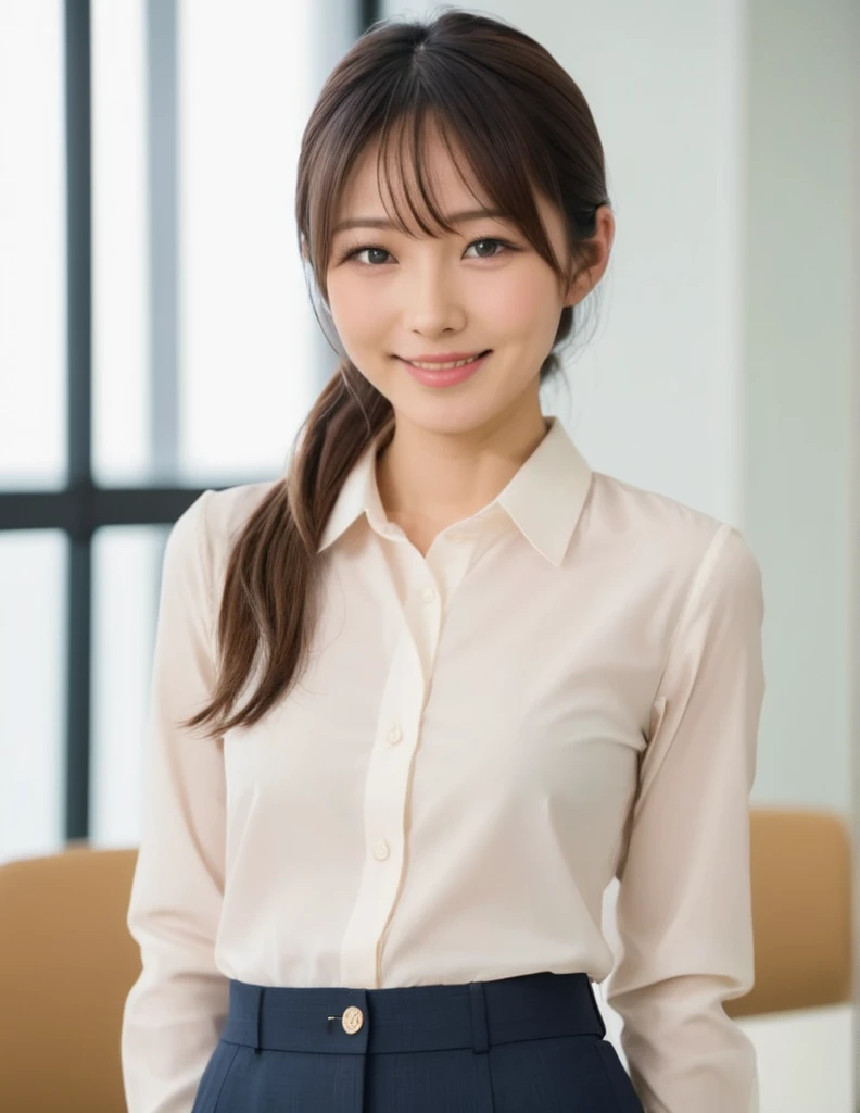 japanese woman, cute, (shy smile), realistic skin texture, (thin button-up shirt), office suit, in the office