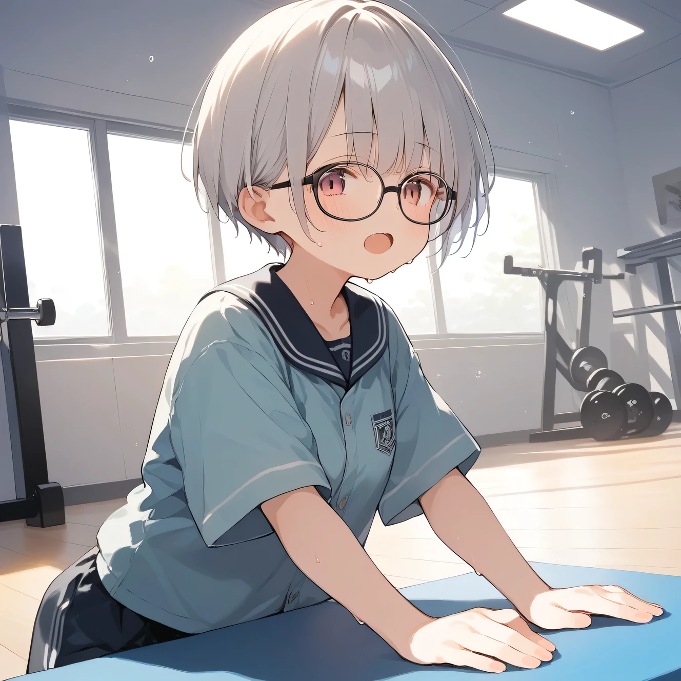 score_9, score_8_up, score_7_up, source_anime, best quality, masterpiece, official art, absurdres, highres, ultra-detailed,waifu2x,Collection: Slice of Life,break,1girl, very short hair,pixie cut, long bangs, glasses, uniform, small breasts, sweat, open mouth, (wavy mouth:0.3), indoors, gym, stretching, summer, break,(clear line illustration:1.2),very high resolution, very aesthetic, super detailed skin, Best sexual lighting powered by famous artist, 8k,cute picture,beauty illustration,photoshop_(medium),,(Detailed Lighting),best anime 8k konachan wallpaper, pixiv contest winner, 