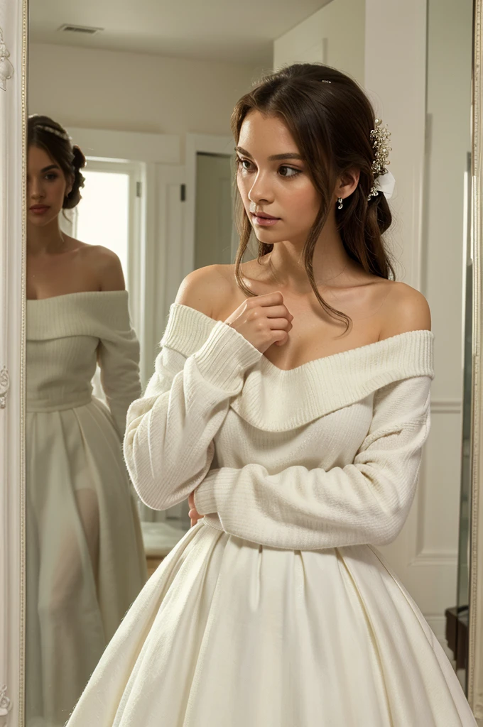 ((best quality)), ((masterpiece)), (detailed), 1girl, off-shoulder sweater, looking at a mirror, a wedding dress,