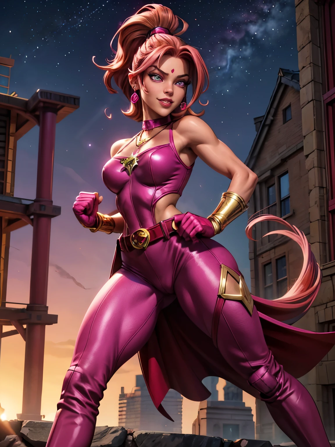 a caramel skinned superheroine, slim athletic body. She wears a bright red shirt and red pants, lighter highlights, thigh high boots, long gloves, ((gold belt)) with star shaped buckle, bare shoulders, necklace with star shaped pendant, red tear drop earrings. (vibrant magenta hair:1.3), long hair, high ponytail, red highlights, wearing goggles over eyes. (detailed eyes:1.2), (detailed face:1.3), smile, pink lips, pointed ears. City background. Full body image. standing heroic pose, fists to her side, (best quality,4k,highres:1.2),(detailed mouth and lips), (purple eyes, sharp eyes), round cheeks, (hands balled into fists)
