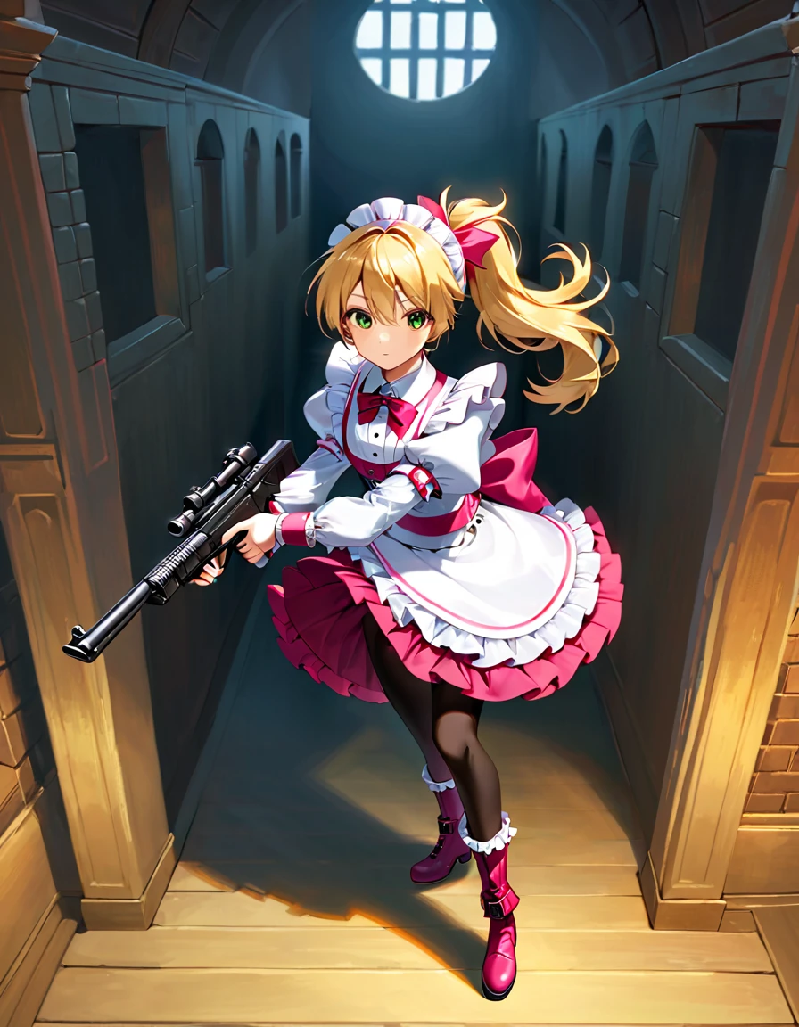 (best quality,4k,8k,highres,masterpiece:1.2),ultra-detailed, (1girl) A cute age gunslinger maid with green eyes, drawn in anime style, spiky light blonde hair in a long ponytail, victorian fashion, wearing a cute white maid dress with puffy sleeves, corset, tactical gear, light armour, petticoat, bloomers, black pantyhose, black tights, a frilly headband, a frilly pink apron, high-heel boots, ribbons, (lora:perfect hands:1m wielding a gun with one hand, Beretta 92FS), steampunk style, guarding a castle hallway, extremely detailed eyes and face,longeyelashes,volumetric lighting,cinematic lighting,protective posture,dramatic close up,highly detailed texture,intricate details.