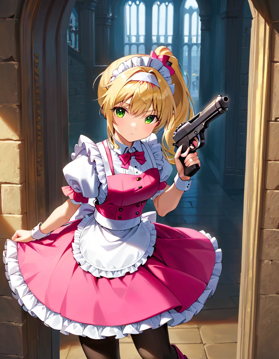 (best quality,4k,8k,highres,masterpiece:1.2),ultra-detailed, (1girl) A cute age gunslinger maid with green eyes, drawn in anime style, spiky light blonde hair in a long ponytail, victorian fashion, wearing a cute white maid dress with puffy sleeves, corset, tactical gear, light armour, petticoat, bloomers, black pantyhose, black tights, a frilly headband, a frilly pink apron, high-heel boots, ribbons, (lora:perfect hands:1m wielding a gun with one hand, Beretta 92FS), steampunk style, guarding a castle hallway, extremely detailed eyes and face,longeyelashes,volumetric lighting,cinematic lighting,protective posture,dramatic close up,highly detailed texture,intricate details.